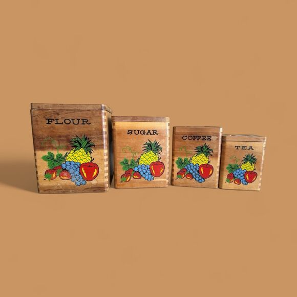 Vintage 1960s Fruit Decoupage Canister Set: Retro Farmhouse Kitchen Decor - Picture 1 of 11